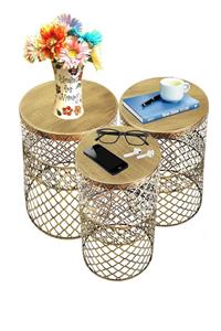 VENON Home Metal Modern Sehpa 3.lü Takım (25,30 VE 35 CM ÇAPLARINDA) Siyah Sarı Patine
