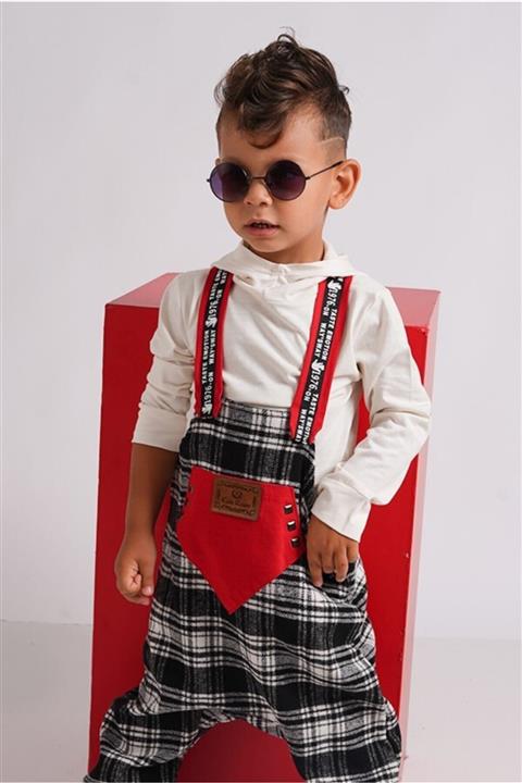 Miniyastore Siyah Beyaz Ekoseli Unisex Kapüşonlu Tshirt Ve Şalvar Kesim Salopet Tulum Takım