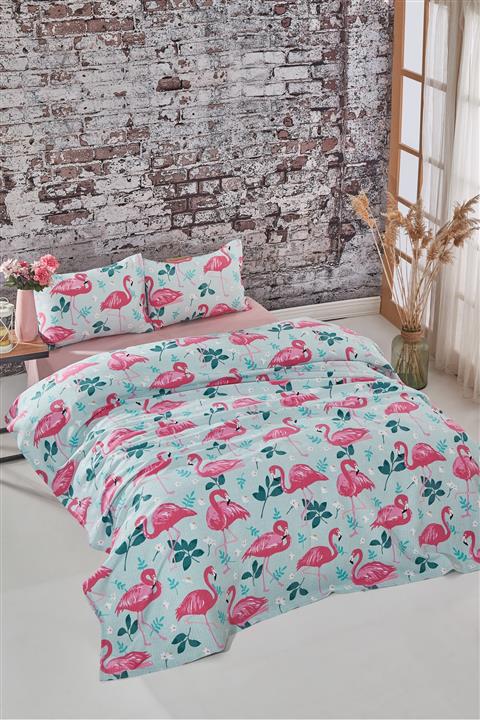 Vagonik Flamingo Desenli Tek Kişilik Nevresim Takımı Mavi