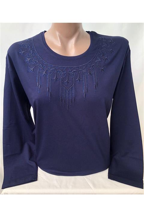 örsat triko Kadın Lacivert Yaka Detaylı Büyük Beden Anne Penyesi