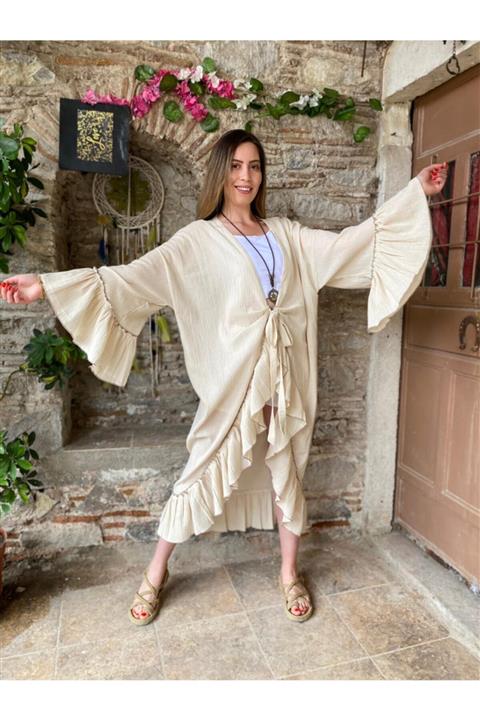 AYSEL SUCUOĞLU Kadın Bej Ham Keten Fırfırlı Pareo