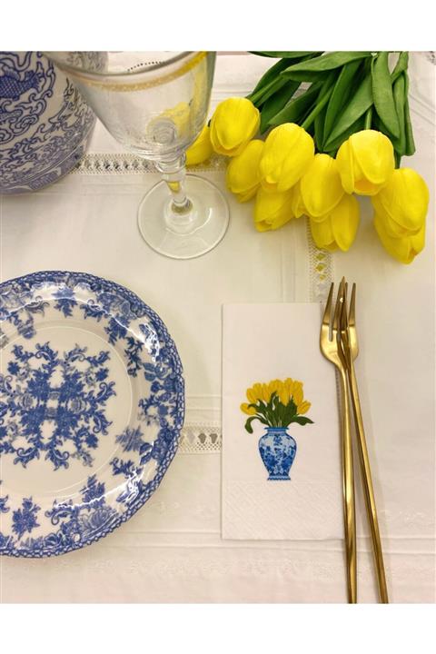 busrasdesign (SARI LALE) Bleu Blanc Lale Sunum Peçetesi 20li