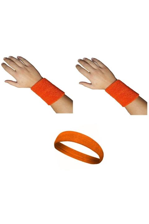 Voven Unisex Turuncu Sporcu Havlu Kafa Bandı El Bilekliği - 1 Takım 2 Adet Bileklik 1 Adet Kafabandı