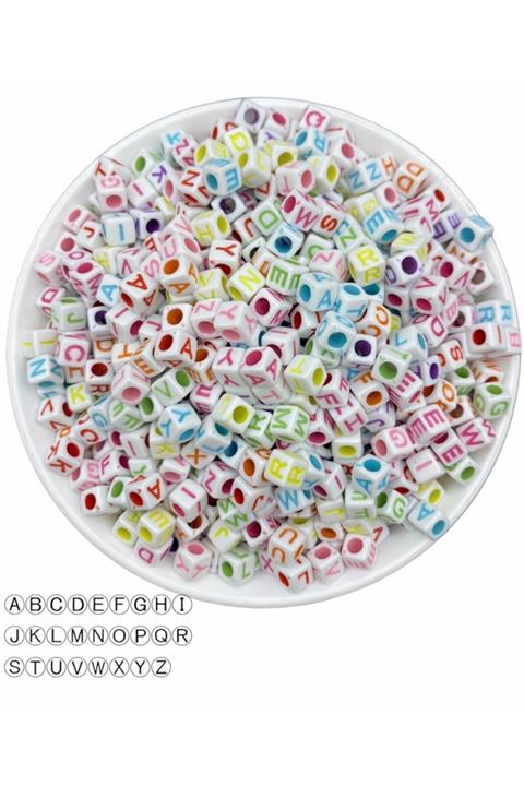 Hedef Bijuteri 50gr Harf Boncuk,6mm Beyaz Üzeri Renkli Küp Harf Boncuk (50gr,  330adet)