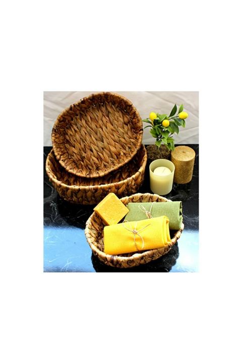 Kitchen Design Lab - Lüks 3 Parça Hasır Sepet Takımı - Dekoratif Oval 3'lü Meyve Ve Ekmek Sepeti