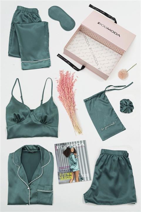 FOR YOU MODA Kadın Saten 7'li Büstiyerli Yeşil Pijama Takımı