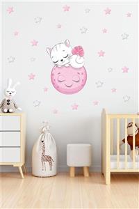 BK Decor Ayda Uyuyan Sevimli Kedi Çocuk Odası Duvar Sticker