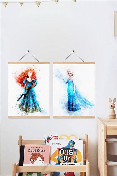 Dekor Loft Frozen Elsa Ve Anna Ikili Askılı Pu Deri Çocuk Odası Tablosu