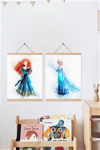 Dekor Loft Frozen Elsa Ve Anna Ikili Askılı Pu Deri Çocuk Odası Tablosu