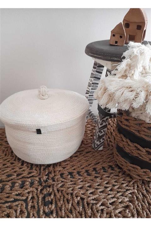 ERZAHOME Pamuklu Ipten Yapılmış Dekoratif Saklama Kabı Sepet 30 Cm