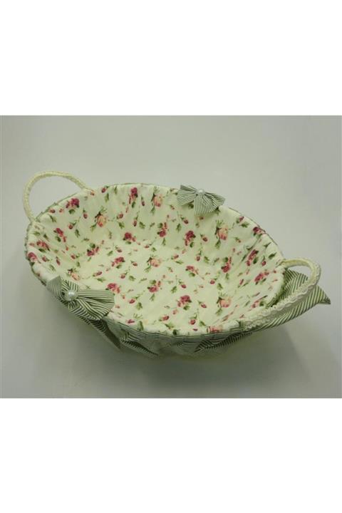 çilekev Hasır Örgü Yeşil Çiçek Kurdele Desenli Ekmek Sepeti Ekmeklik