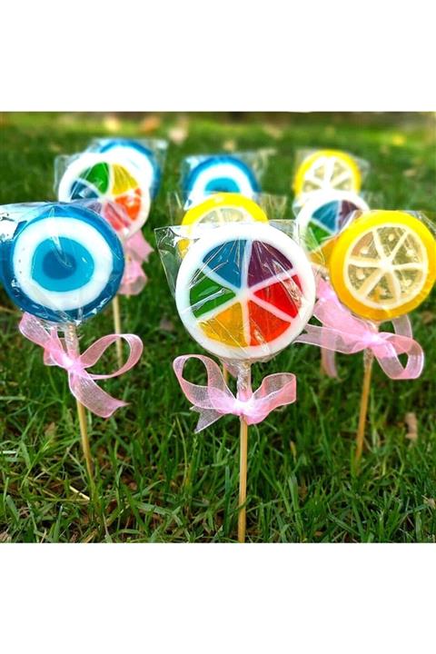 Stil Kurdelalı Desenli Meyveli Sosyete El Yapımı Lolipop Şeker 26 gr X 10 Adet