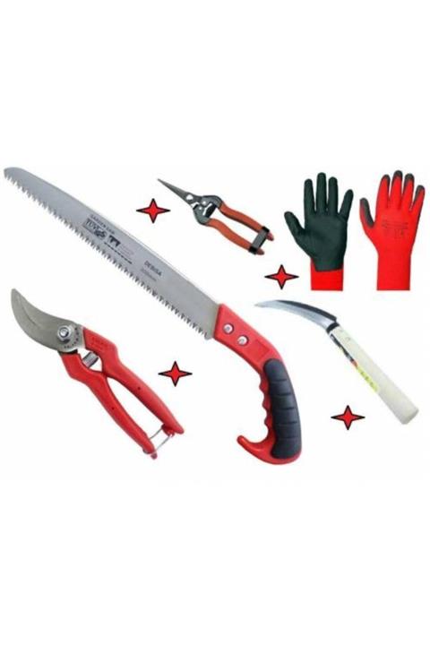 NURALYAPI Bahçe El Aletleri 5 Parça Set Budama Testere Üzüm Makası Eldiven Orak Bağ Makas Seti