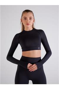 qlu Kadın Kendinden Desenli Antrasit Dikişsiz Crop Top