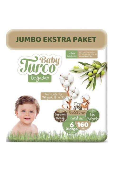 Baby Turco Doğadan Bebek Bezi 6 Beden - Numara Xlarge 160 Adet Jumbo Ekstra Paket 16+ Kg