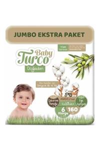 Baby Turco Doğadan Bebek Bezi 6 Beden - Numara Xlarge 160 Adet Jumbo Ekstra Paket 16+ Kg