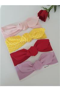 swan butik Kız Bebek Bandana Toka Seti 4'lü Pudra Pembe, Lila , Sarı Benekli, Kırmızı