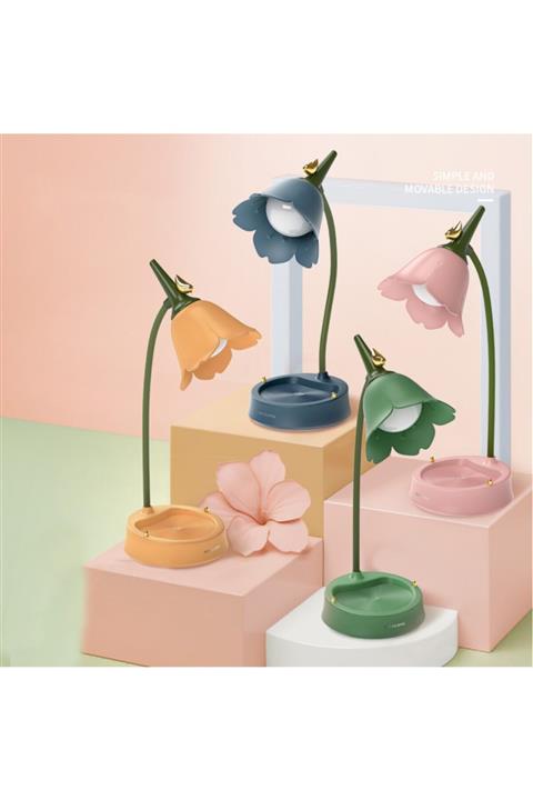 Famelya Özel Tasarım Çiçek Şarjlı Gece Masa Lambası Dokunmatik 3 Farklı Led Işıklı Lacivert