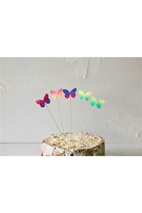 Pembe Kaktüs Beşli Simli Kelebek Şeklinde Pasta Süsü