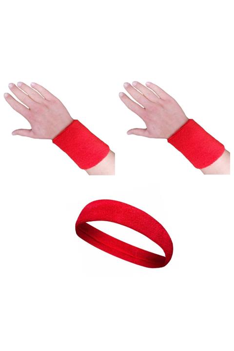 Voven Unisex Kırmızı Sporcu Havlu Kafa Bandı El Bilekliği - 1 Takım 2 Adet Bileklik 1 Adet Kafabandı
