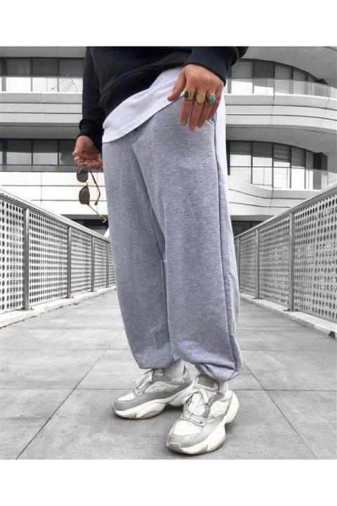 la gizzia Gri Oversize Paçası Lastikli Eşofman Altı