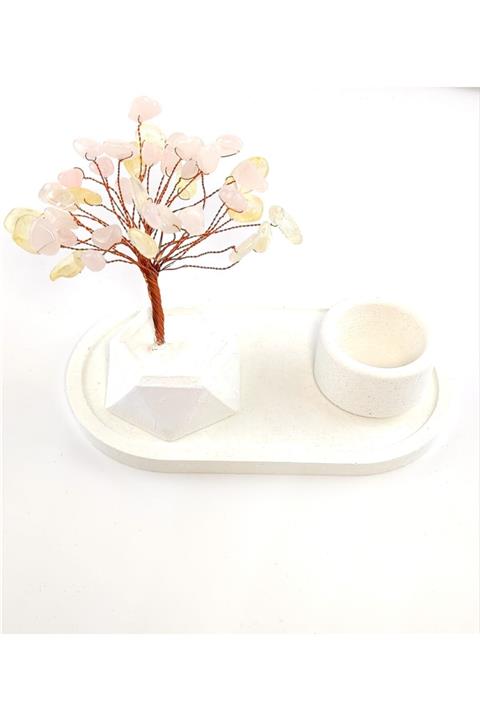 TAŞ RÜYASI Gül Kuvars Sitrin Doğaltaşlı Süs Ağacı Ve Mumluk Tealight Seti