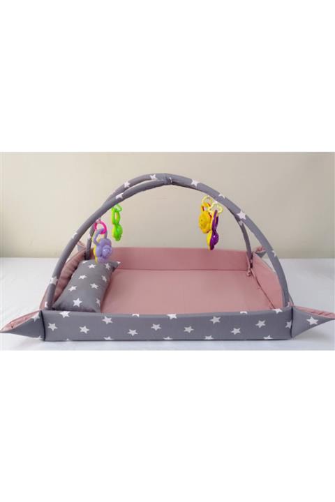 Rosemilla Gri/pudra Yıldız Desenli %100 Pamuklu Bebek Oyun Halısı Ve Aktivite Alanı