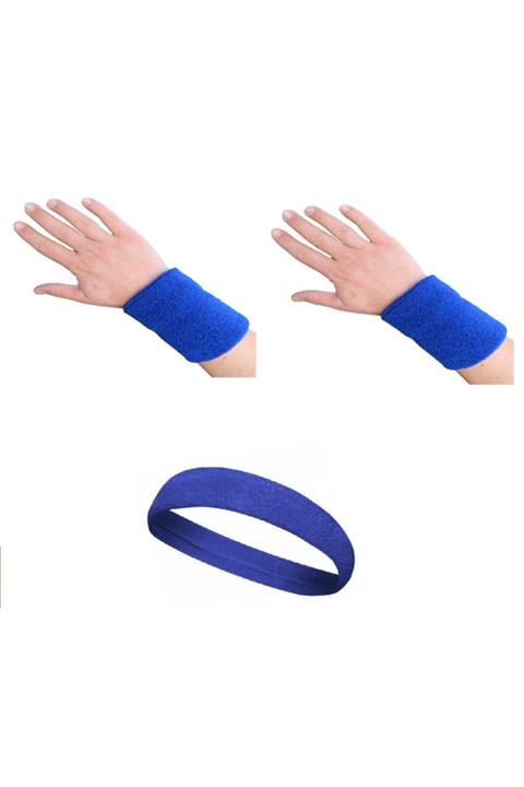 Voven Unisex Mavi Sporcu Havlu Kafa Bandı El Bilekliği - 1 Takım 2 Adet Bileklik 1 Adet Kafabandı