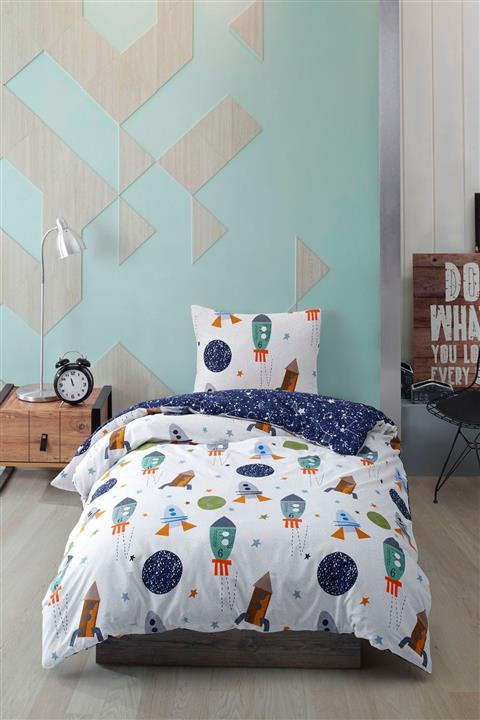 Enlora Home %100 Doğal Pamuk Nevresim Seti Tek Kişilik Kids Spacex Lacivert