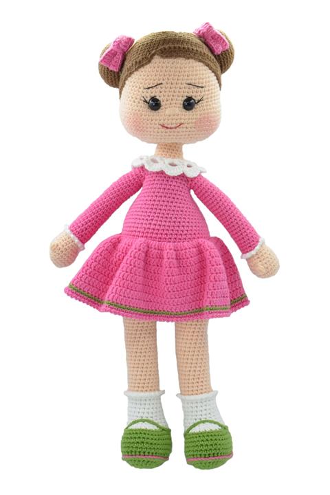 FRM Pembe  Amigurumi Organik Iplikten El Yapımı Örme Sevimli Elbiseli Büyük Oyuncak Kız Bebek