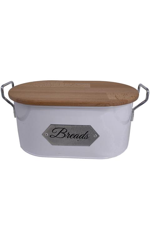 Dame Marie Ahşap Kapaklı Lüx Metal Ekmek Kovası Ekmeklik Kesme Tahtalı - Beyaz