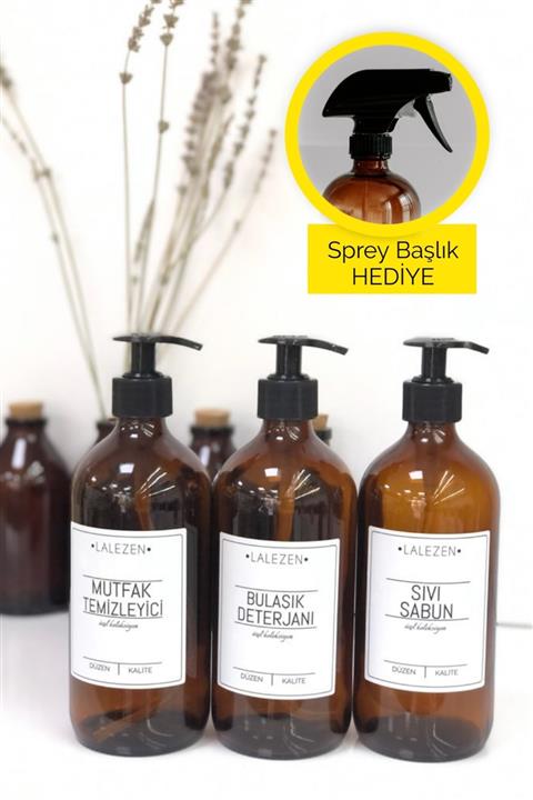 LALEZEN 3 Lü Amber Cam Şişe 500ml Bulaşık Deterjanı Sıvı Sabun Mutfak Temizleyici Etiketli