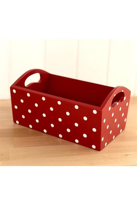 Atölye Beyaz Ahşap Sepet,ekmeklik Kırmızı Beyaz Puntiyeli Sk-28