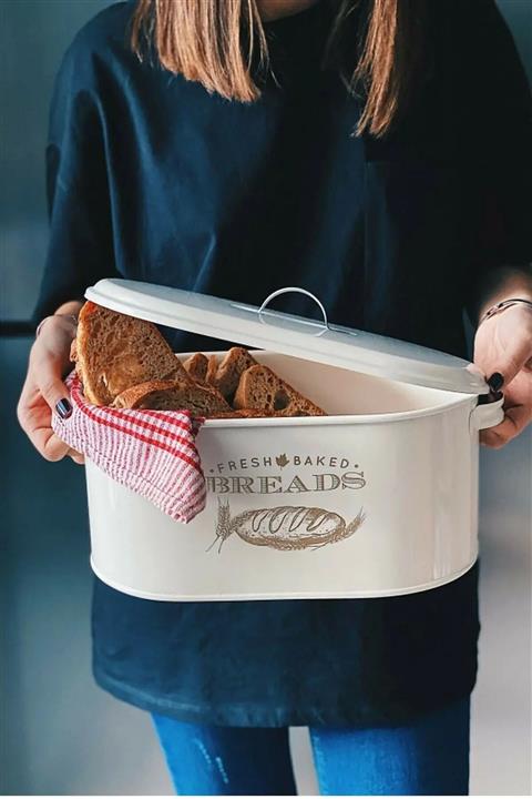 Trend Kitchen Lüx Metal Büyük Boy Kapaklı Desenli Ekmeklik Krem