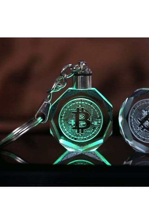 Muka Kristal 3d Lazer İşleme Renkli Led Bitcoin Anahtarlık