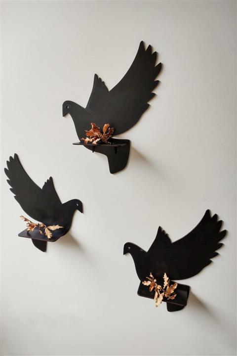 pi10reklam Ahşap 3'lü Güvercin Dekoratif Raf Seti Siyah