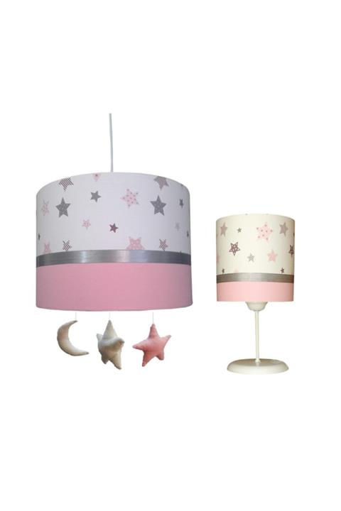 Egelight Pembe Beyaz Gri Yıldız Tekli Sarkıt Avize +  Abajur 2'li Set