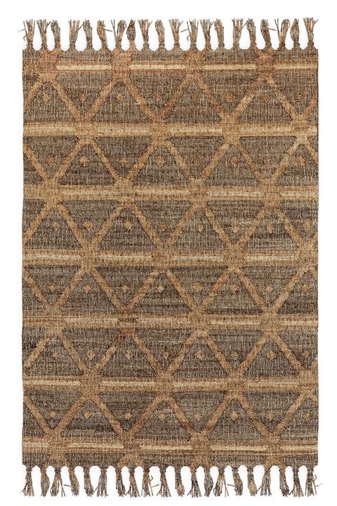 Else Halı Kahverengi Şeritli Jüt Hasır Görünümlü Desenli Yıkanabilir Püsküllü Kilim