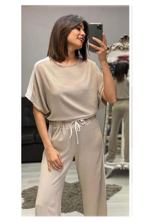 ELBİSENN Yeni Model Kadın Şerit Detay Geniş Paça Spor Takım (vizon)