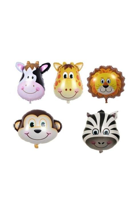 NasipPartiBalon 5 Adet 18'' Safari Set Folyo Balon Maymun-zürafa-zebra-aslan-inek