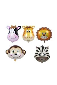 NasipPartiBalon 5 Adet 18'' Safari Set Folyo Balon Maymun-zürafa-zebra-aslan-inek