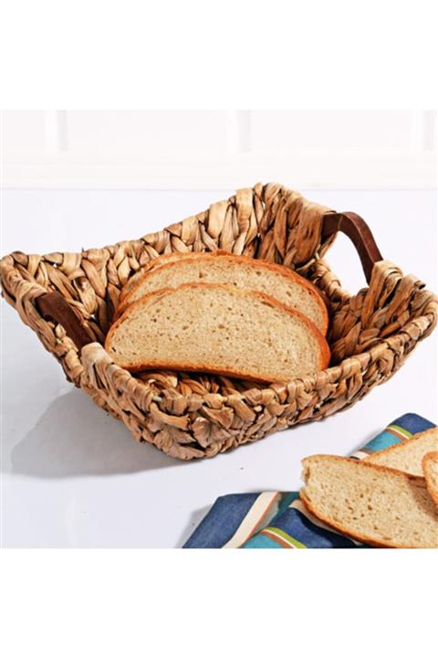 Kosova Lüx Ahşap Kulplu Kare Hasır Ekmek Sepeti 27cm*27cm*12cm