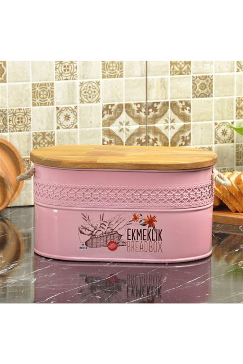 Yıldıray Metal Ferforje Ahşap Kapaklı Kesme Tahtalı Ekmeklik Pembe