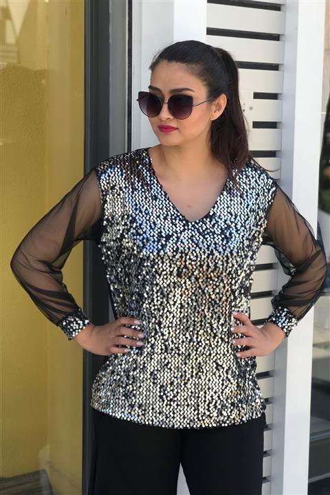 aytemas Kadın Gümüş Pullu Kolları Tül Bluz