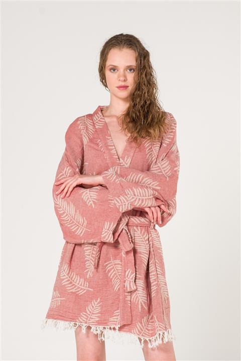 Miespiga Kadın Mercan Rengi Yaprak Desenli Peştemal Kimono
