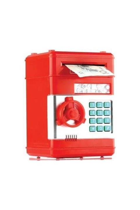TechnoSmart Atm Kumbara Şifreli Otomatik Kağıt Para Alan Kasa Kumbara Kırmızı Renk