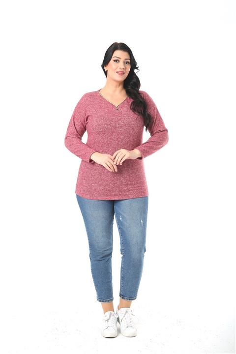 Womenice Kadın Pudra Yakası Fermuarlı Pamuklu Büyük Beden Bluz