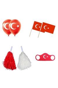 Mashotrend 1 Çift Kırmızı Beyaz Ponpon + 1 Maske + 2 Balon + 2 Bayrak - Amigo Gösteri Ponponu - 23 Nisan Ponpon