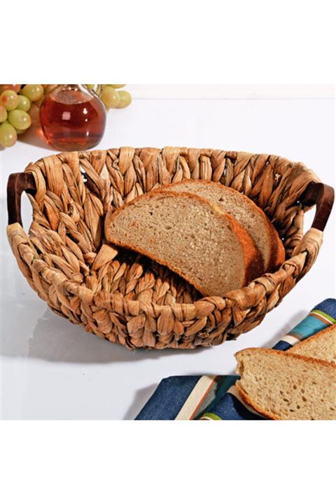 Kosova Lüx Ahşap Kulplu Yuvarlak Hasır Ekmek Sepeti 28cm*26cm*12cm