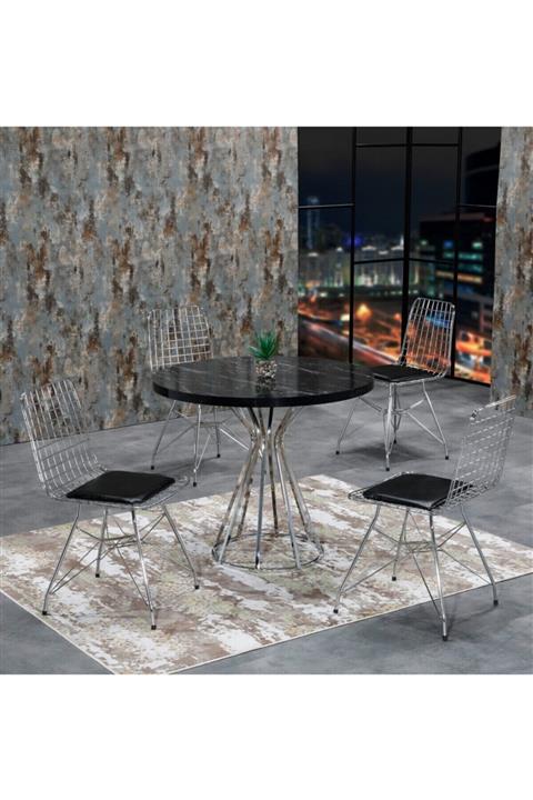 AVVİO Ece 4 Kişilik Siyah Mermer Görünümlü Metal Mutfak Masası Takımı-gümüş Tel Sandalyeli 90x90 Cm